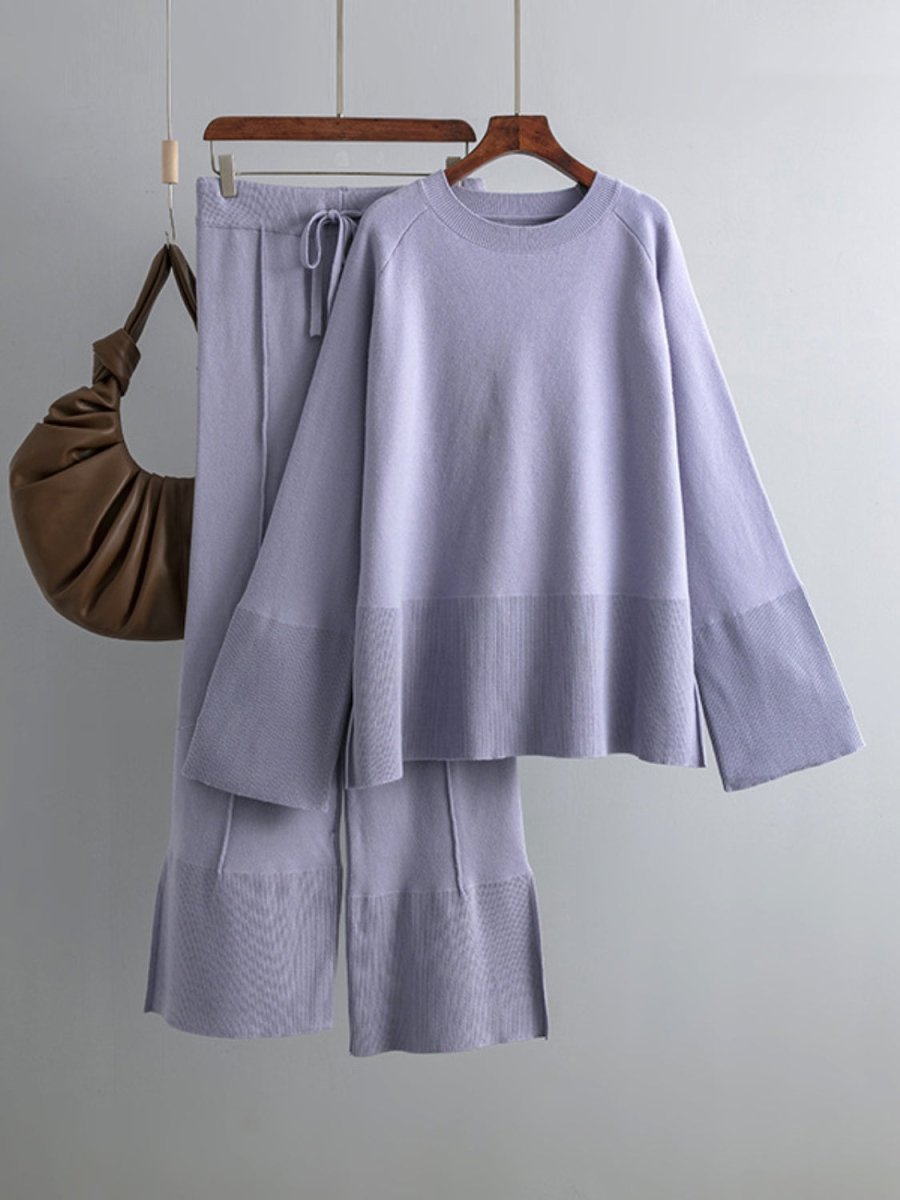 Basic Bae Slit Round Neck Long Sleeve Top and Drawstring Pants Sweater Set - S. M. & Co.