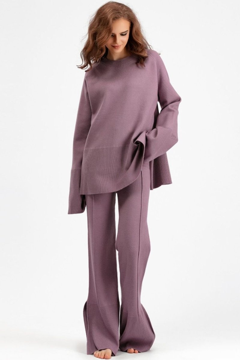 Basic Bae Slit Round Neck Long Sleeve Top and Drawstring Pants Sweater Set - S. M. & Co.