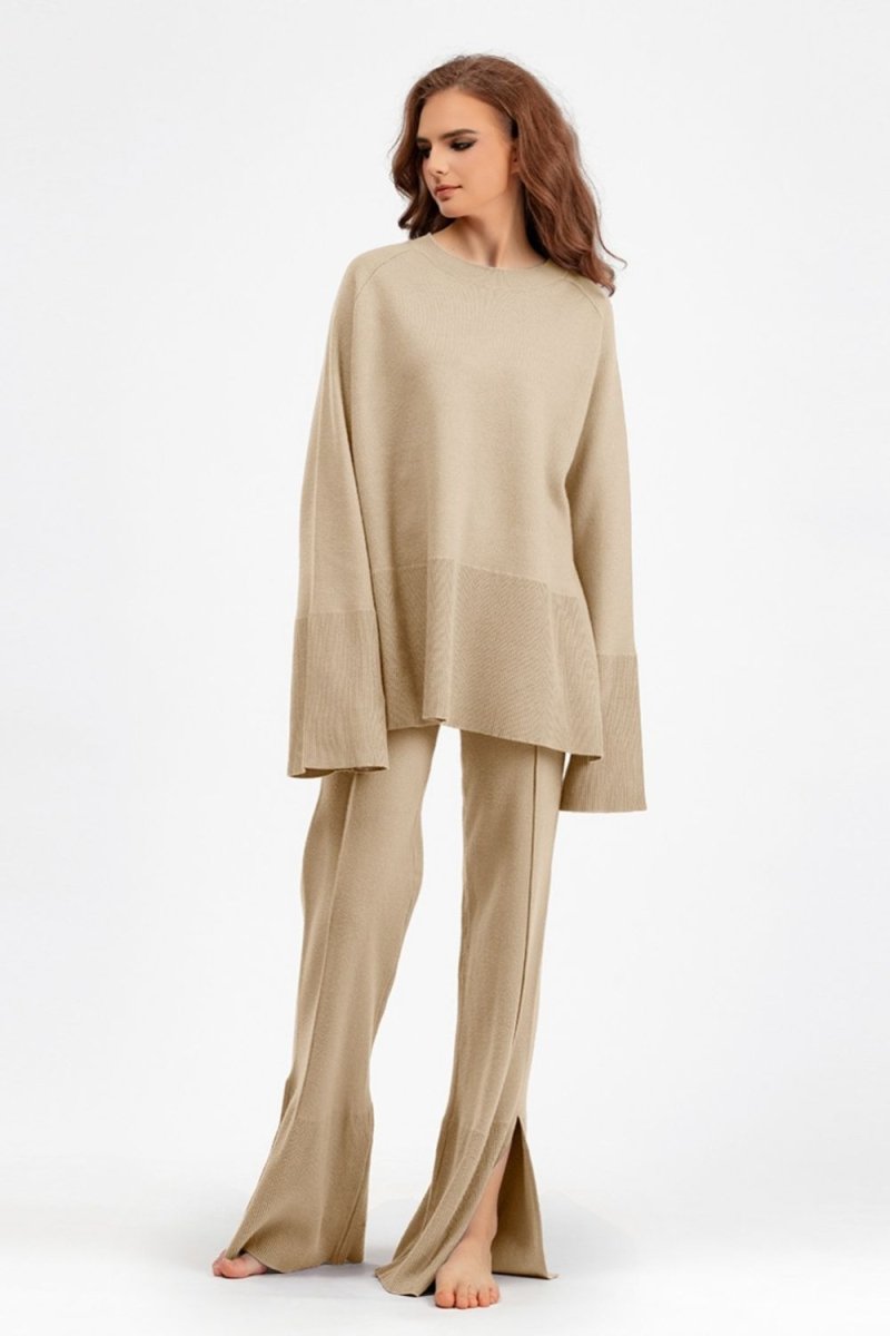 Basic Bae Slit Round Neck Long Sleeve Top and Drawstring Pants Sweater Set - S. M. & Co.