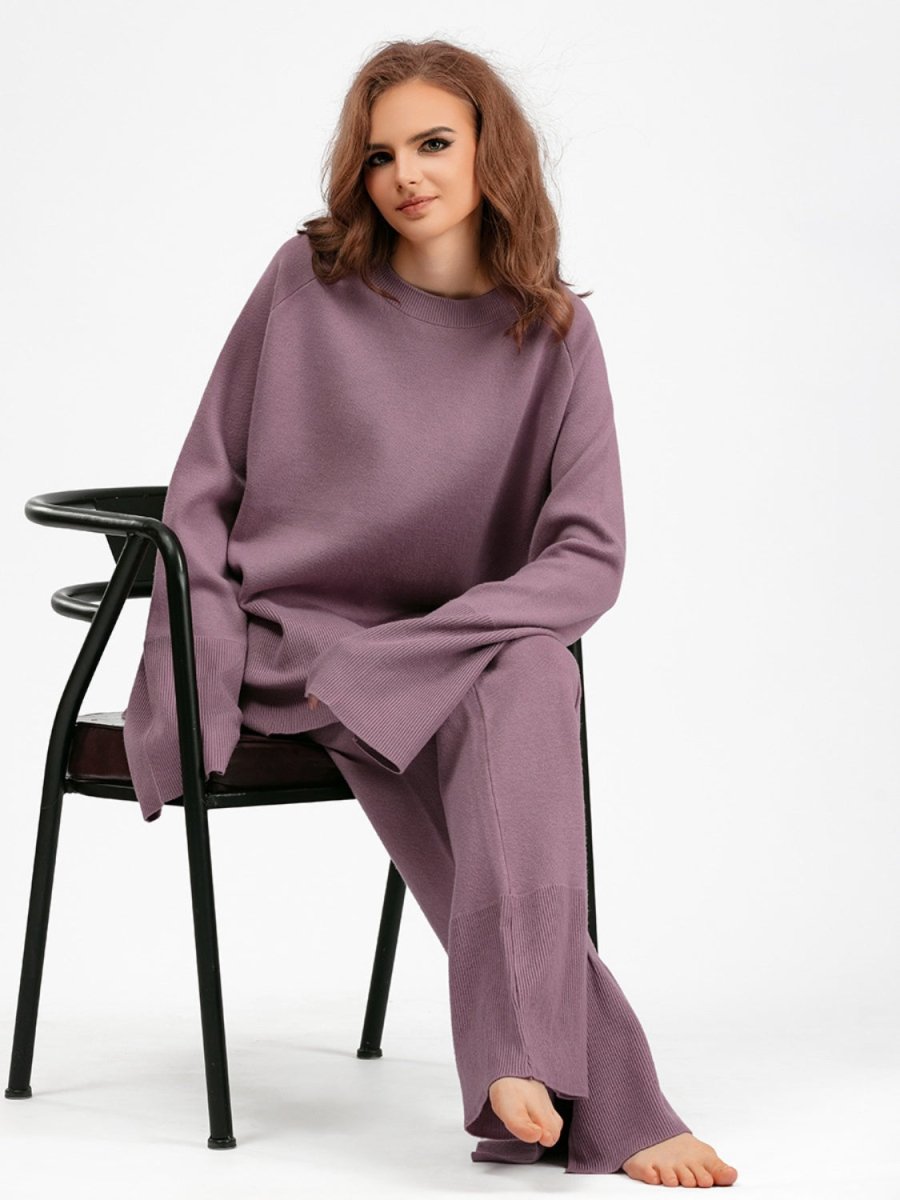 Basic Bae Slit Round Neck Long Sleeve Top and Drawstring Pants Sweater Set - S. M. & Co.