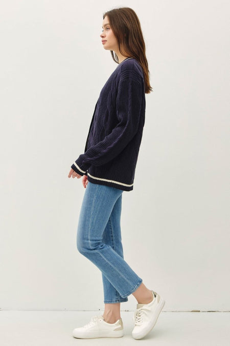 Be Cool Contrast Trim Cable - Knit V - Neck Cardigan - S. M. & Co.