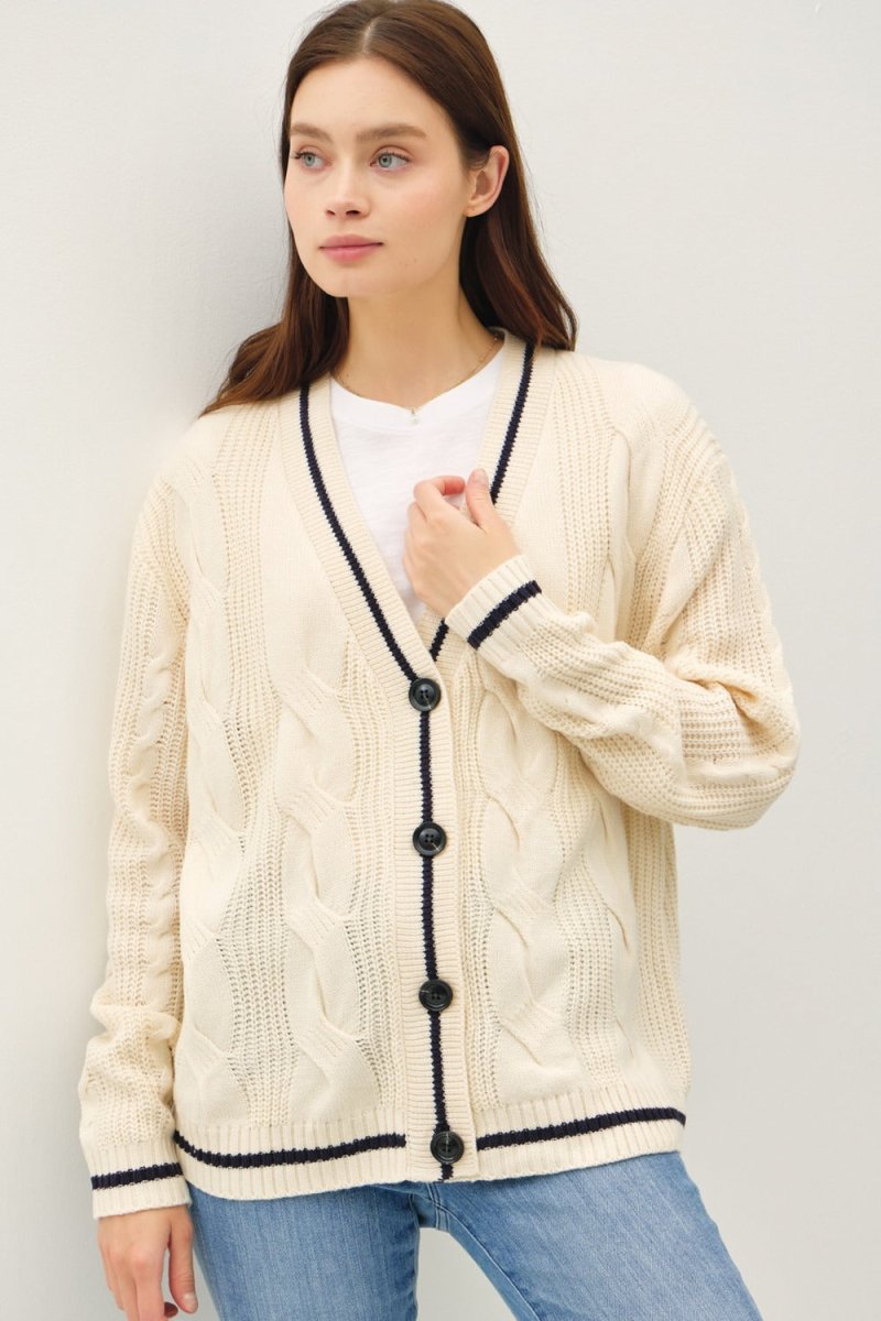 Be Cool Contrast Trim Cable - Knit V - Neck Cardigan - S. M. & Co.