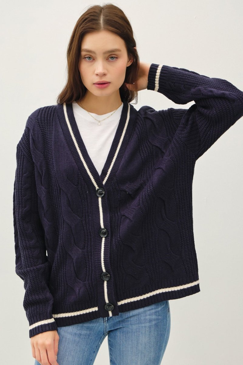 Be Cool Contrast Trim Cable - Knit V - Neck Cardigan - S. M. & Co.