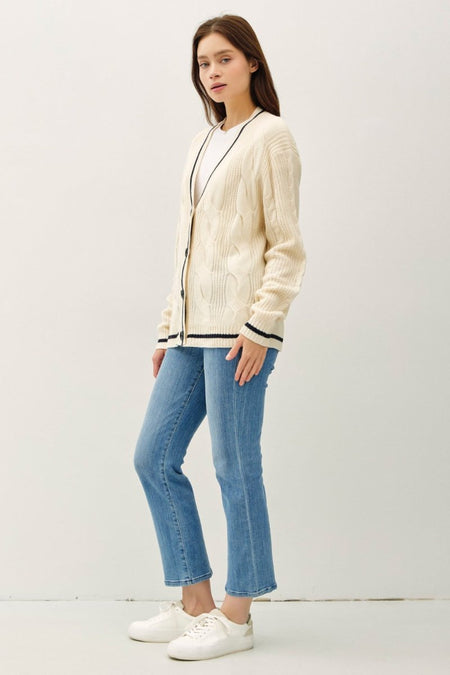 Be Cool Contrast Trim Cable - Knit V - Neck Cardigan - S. M. & Co.