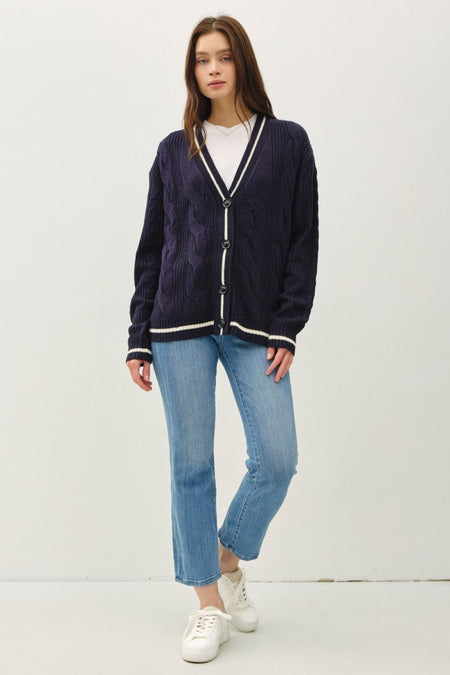 Be Cool Contrast Trim Cable - Knit V - Neck Cardigan - S. M. & Co.