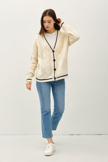 Be Cool Contrast Trim Cable - Knit V - Neck Cardigan - S. M. & Co.