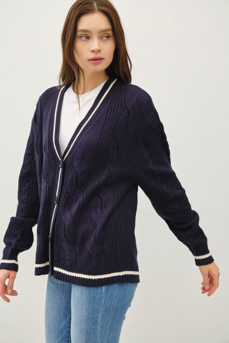 Be Cool Contrast Trim Cable - Knit V - Neck Cardigan - S. M. & Co.