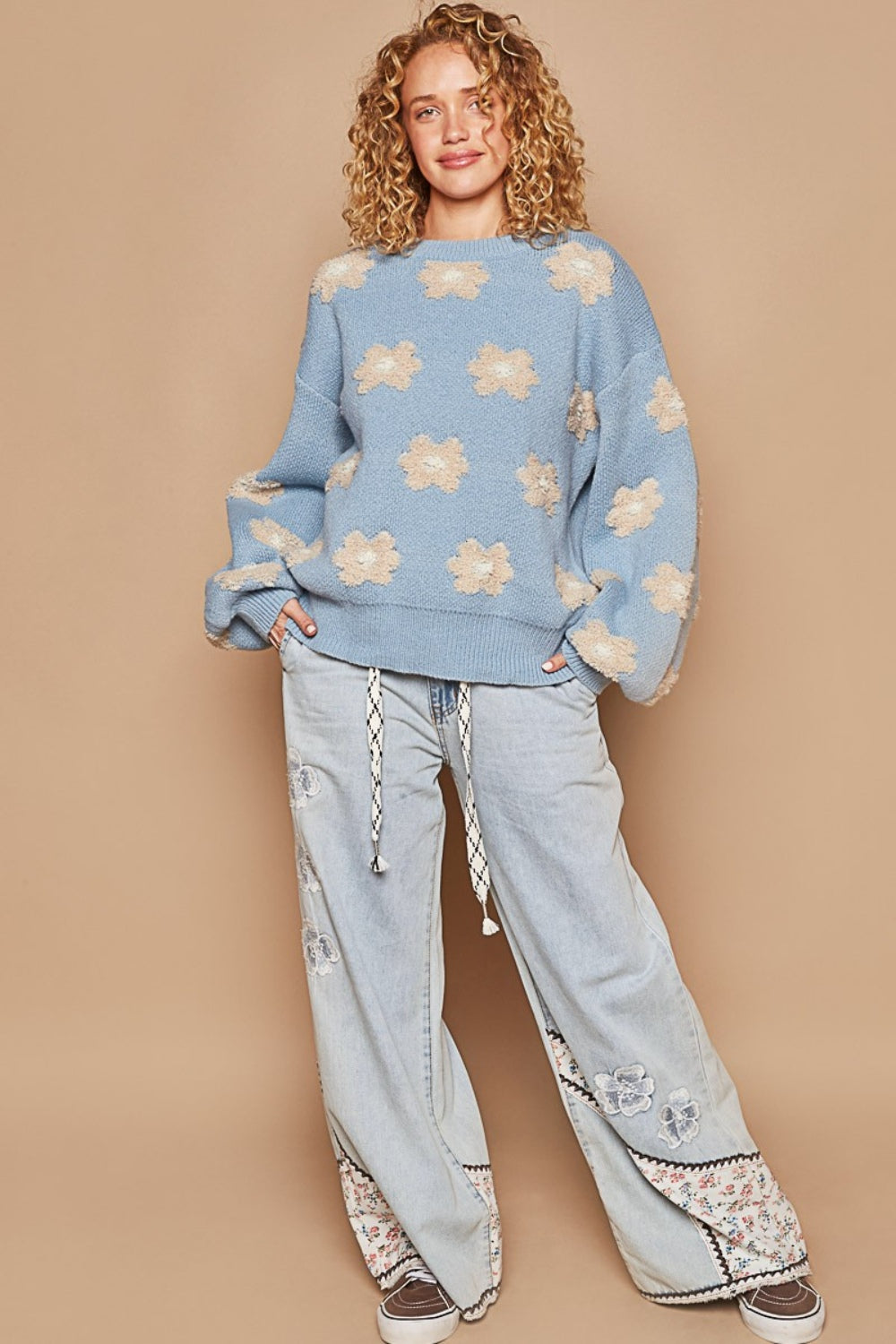 POL Daisy Pattern Drop Shoulder Sweater - S. M. & Co.