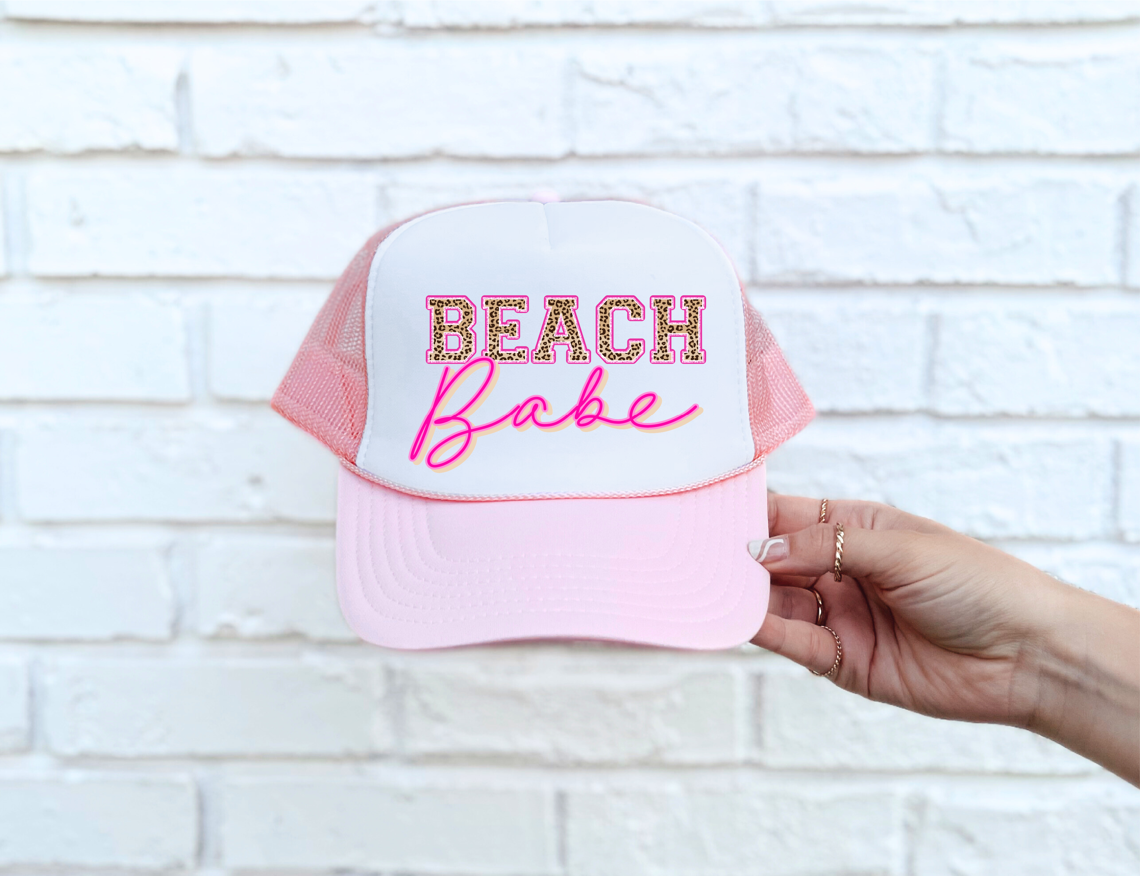 Beach Babe DTF Printed Pink & White Trucker Hat - S. M. & Co. Shirts & Tops