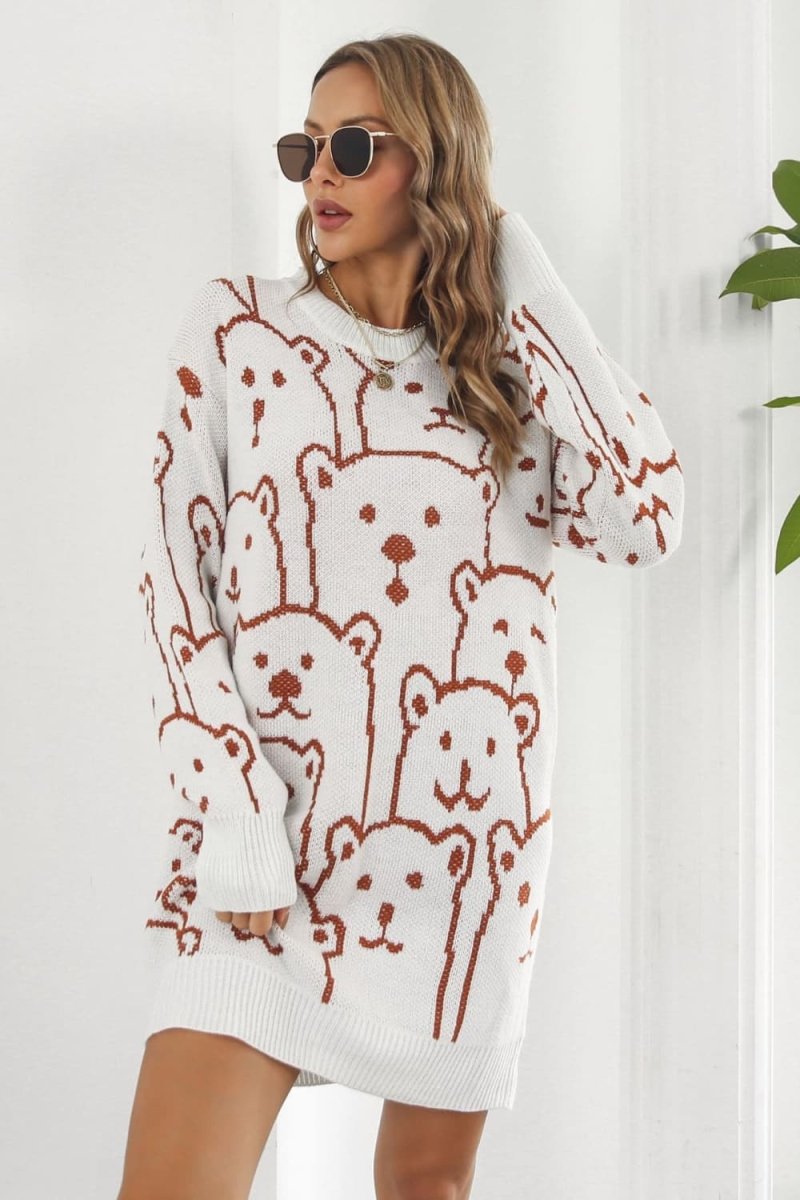 Bear Pattern Round Neck Sweater Dress - S. M. & Co.