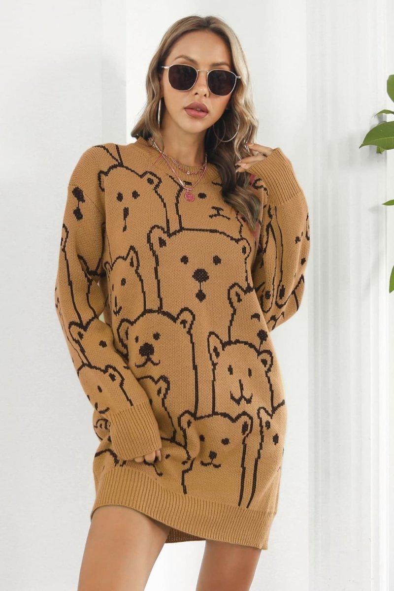 Bear Pattern Round Neck Sweater Dress - S. M. & Co.