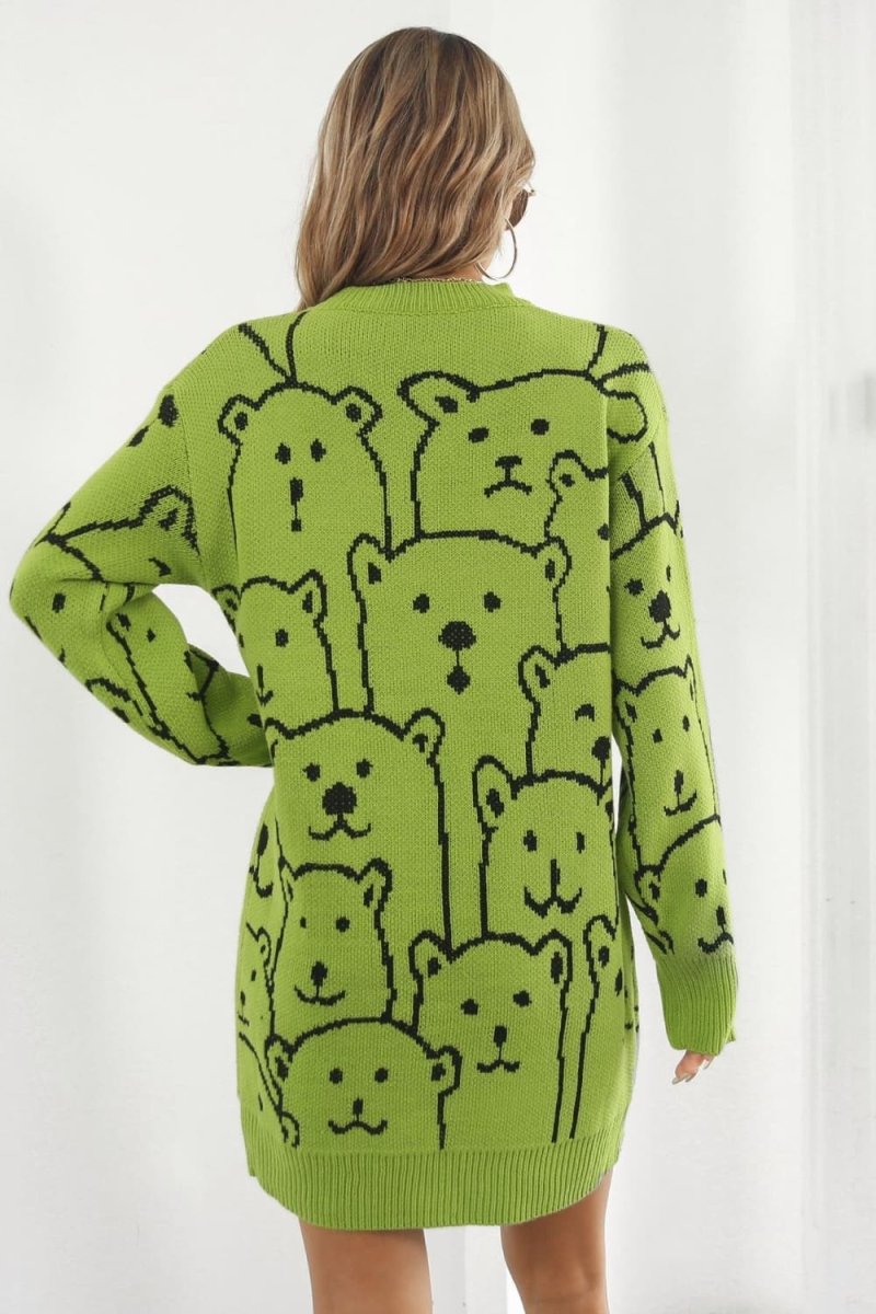 Bear Pattern Round Neck Sweater Dress - S. M. & Co.