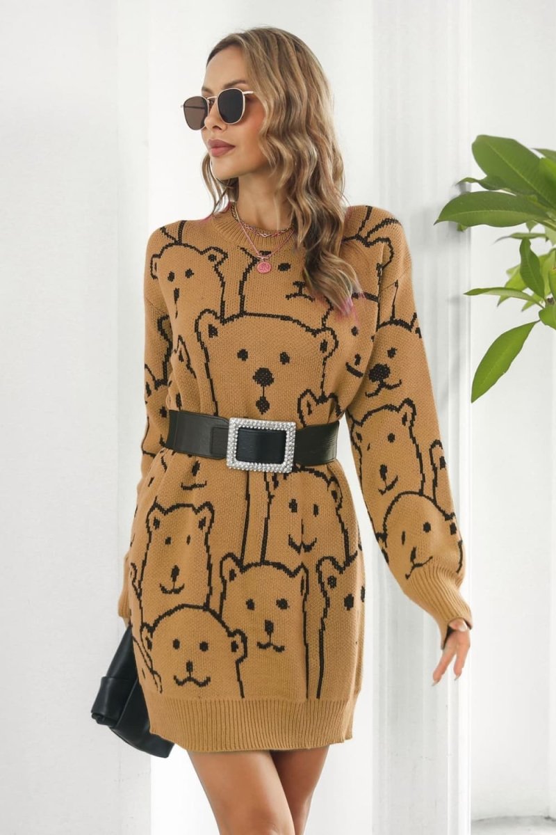 Bear Pattern Round Neck Sweater Dress - S. M. & Co.