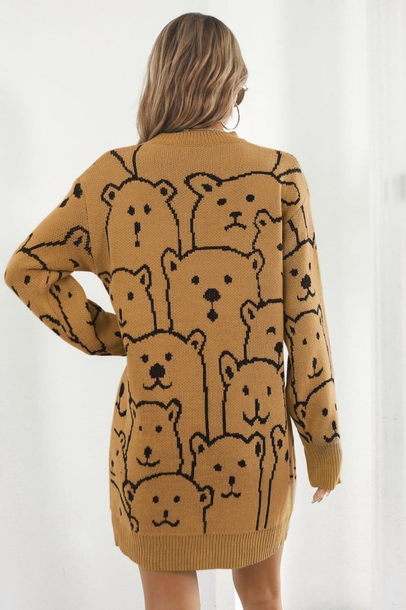 Bear Pattern Round Neck Sweater Dress - S. M. & Co.