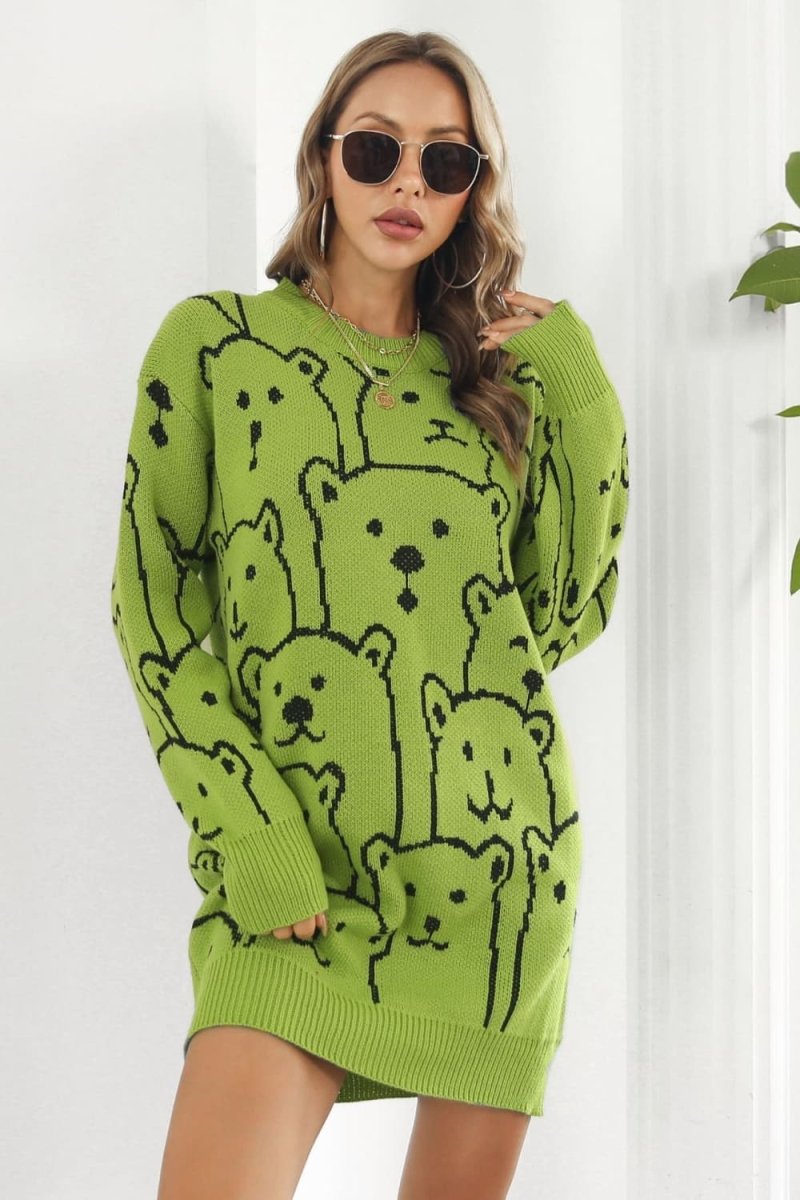 Bear Pattern Round Neck Sweater Dress - S. M. & Co.