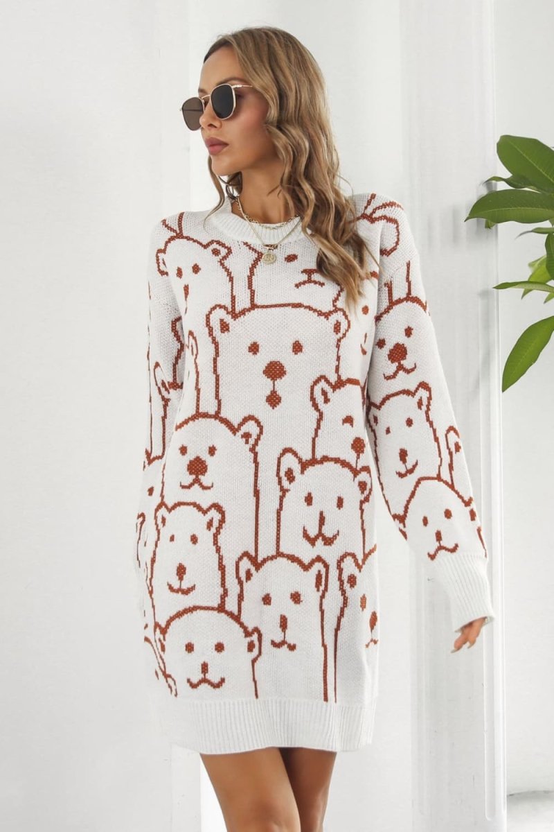 Bear Pattern Round Neck Sweater Dress - S. M. & Co.