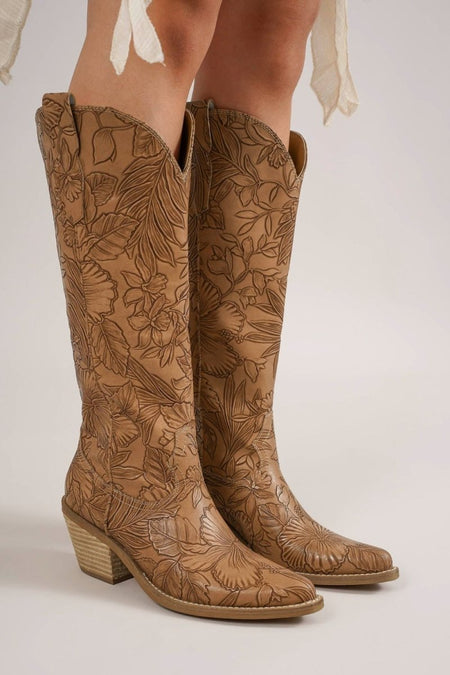 Beast Fashion Embossed Floral Point Toe Block Heel Boots - S. M. & Co.