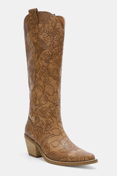 Beast Fashion Embossed Floral Point Toe Block Heel Boots - S. M. & Co.