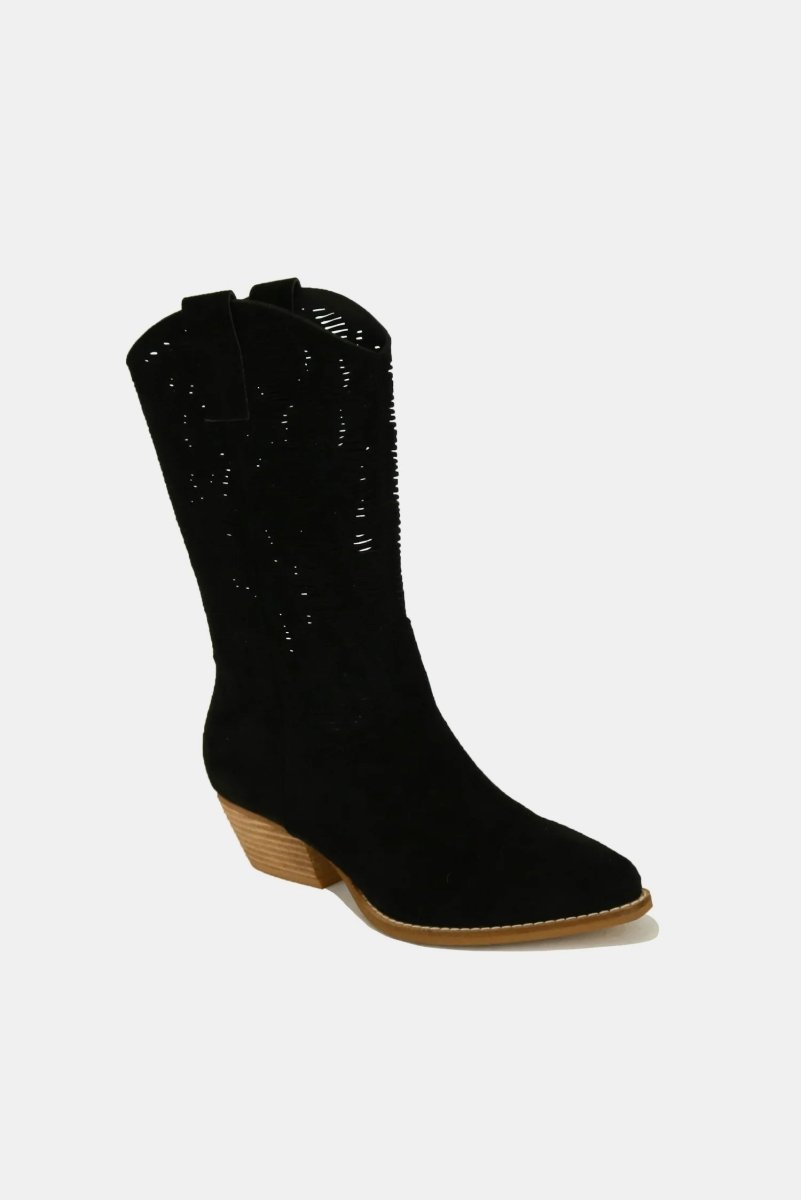 Beast Fashion Faux Suede Laser Cut Detail Block Heel Boots - S. M. & Co.