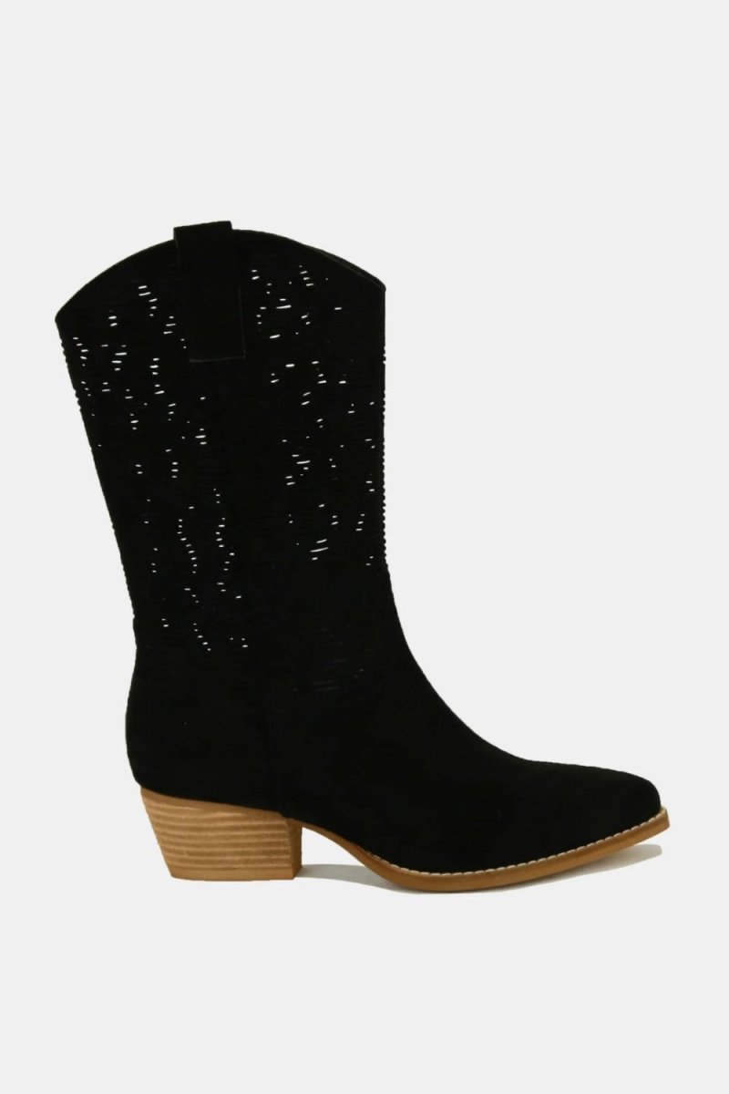 Beast Fashion Faux Suede Laser Cut Detail Block Heel Boots - S. M. & Co.