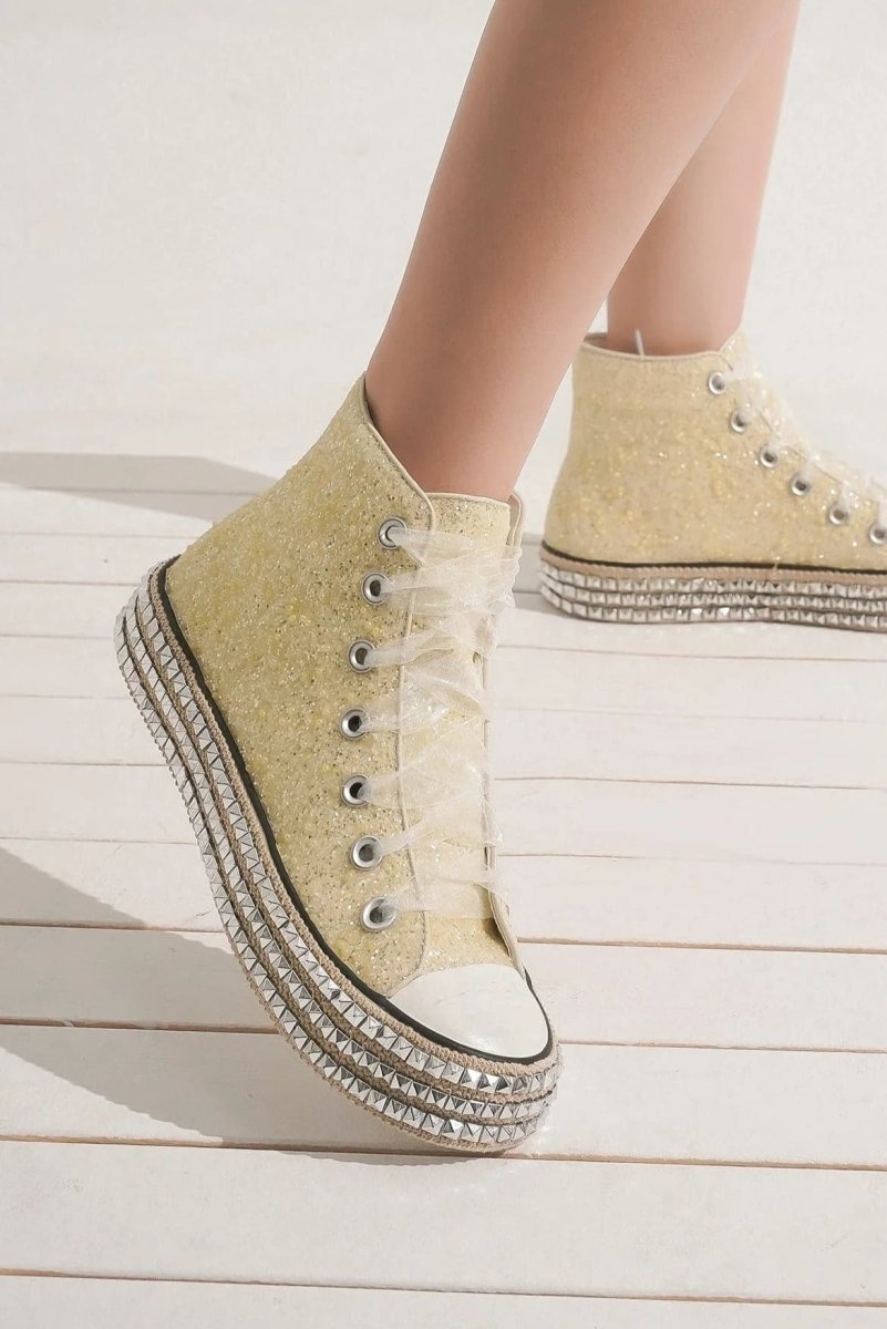 Beast Fashion Glitter Lace - Up Studded Platform Sneakers - S. M. & Co.