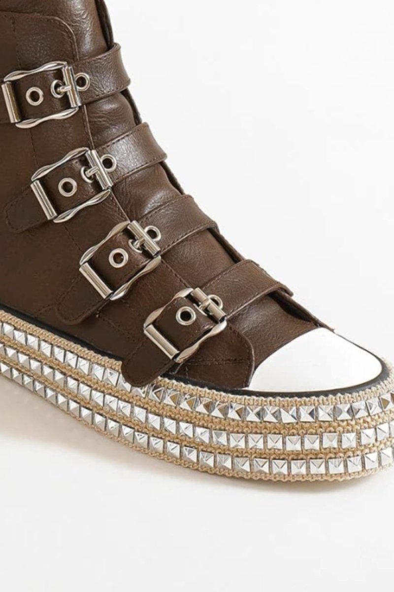 Beast Fashion Multi - Buckle Straps Studded Platform Sneakers - S. M. & Co.