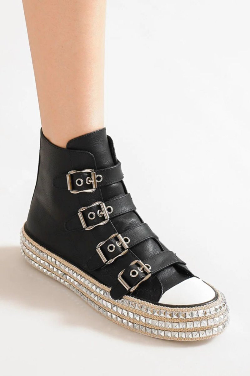 Beast Fashion Multi - Buckle Straps Studded Platform Sneakers - S. M. & Co.