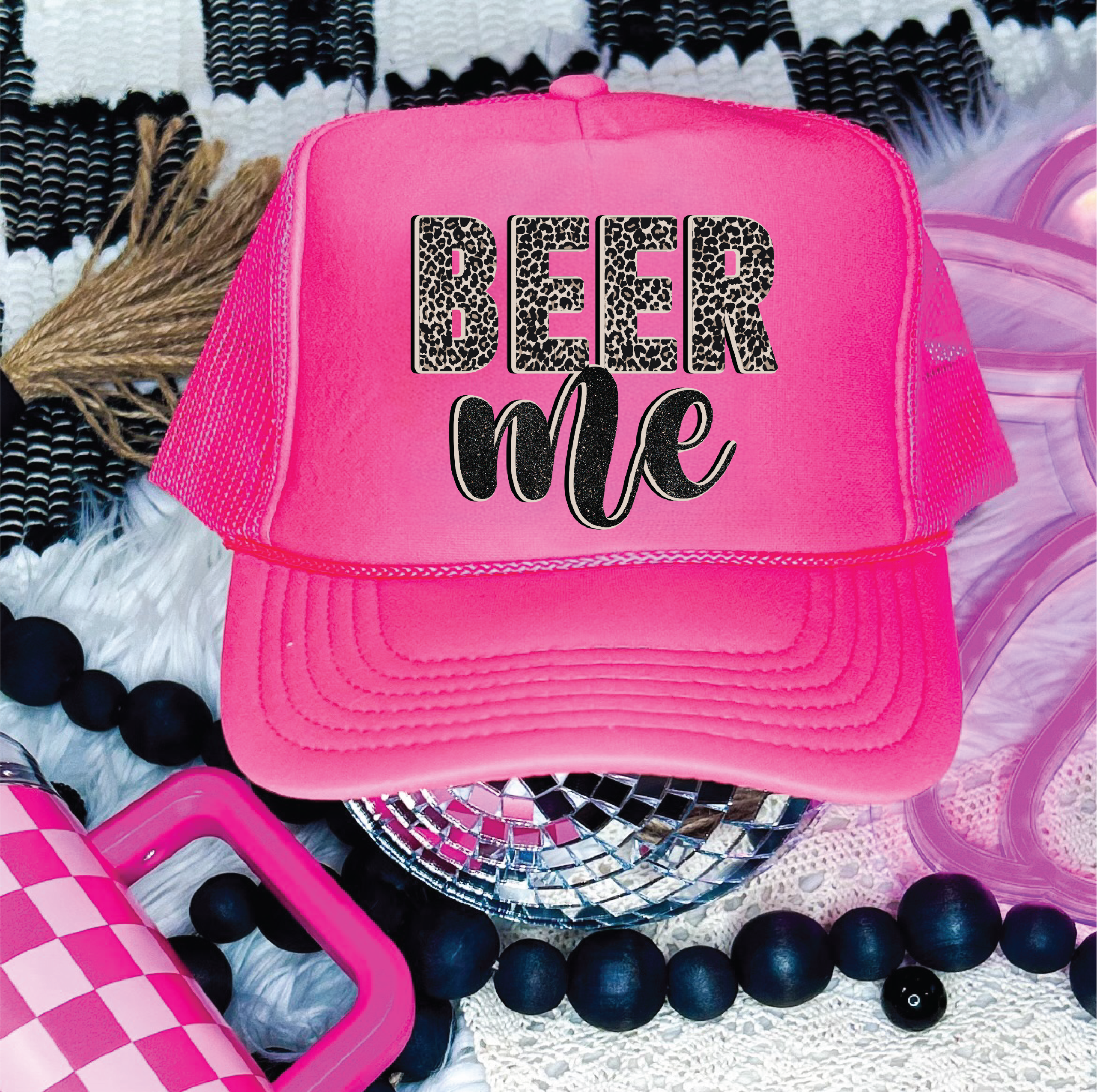 Beer Me DTF Printed Neon Pink Foam Trucker Hat