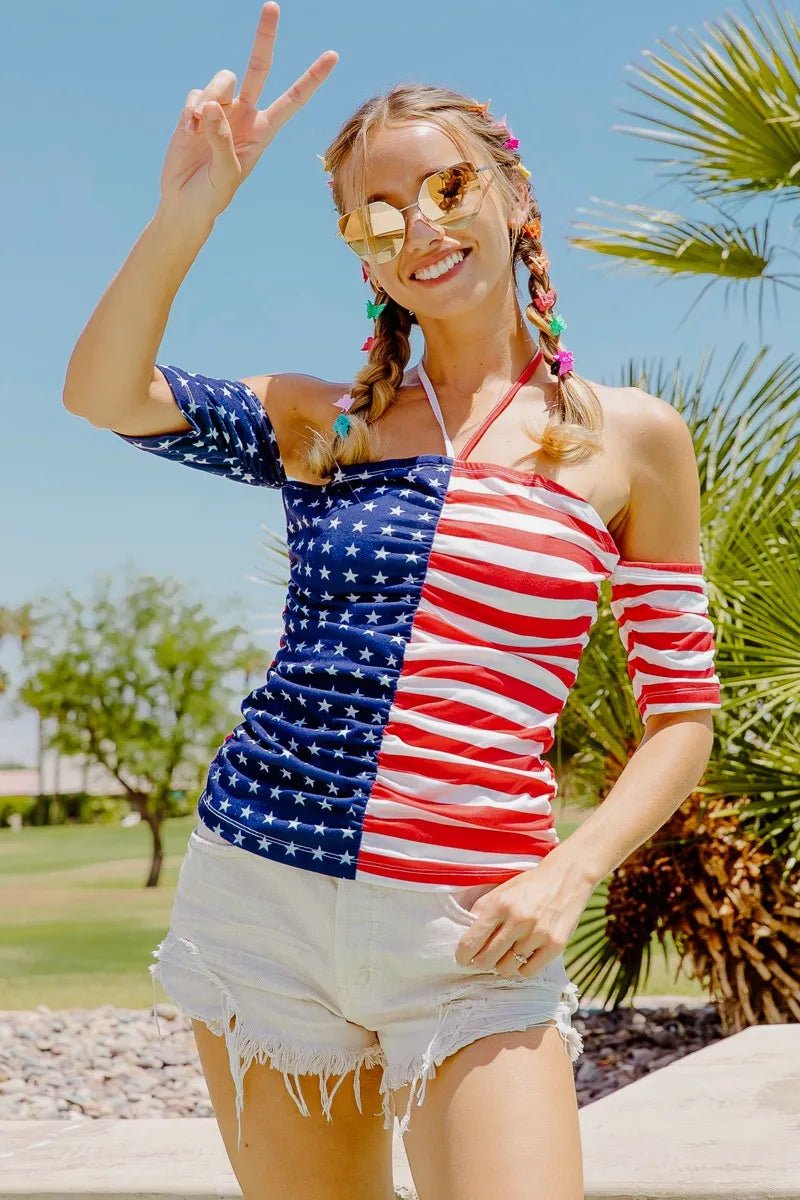 BiBi American Flag Off Shoulder With Front Ruched Top - S. M. & Co.