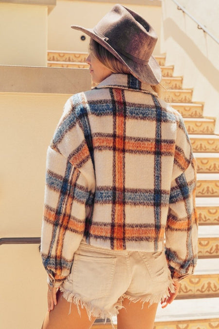 BiBi Brushed Plaid Crop Jacket with Pockets - S. M. & Co.