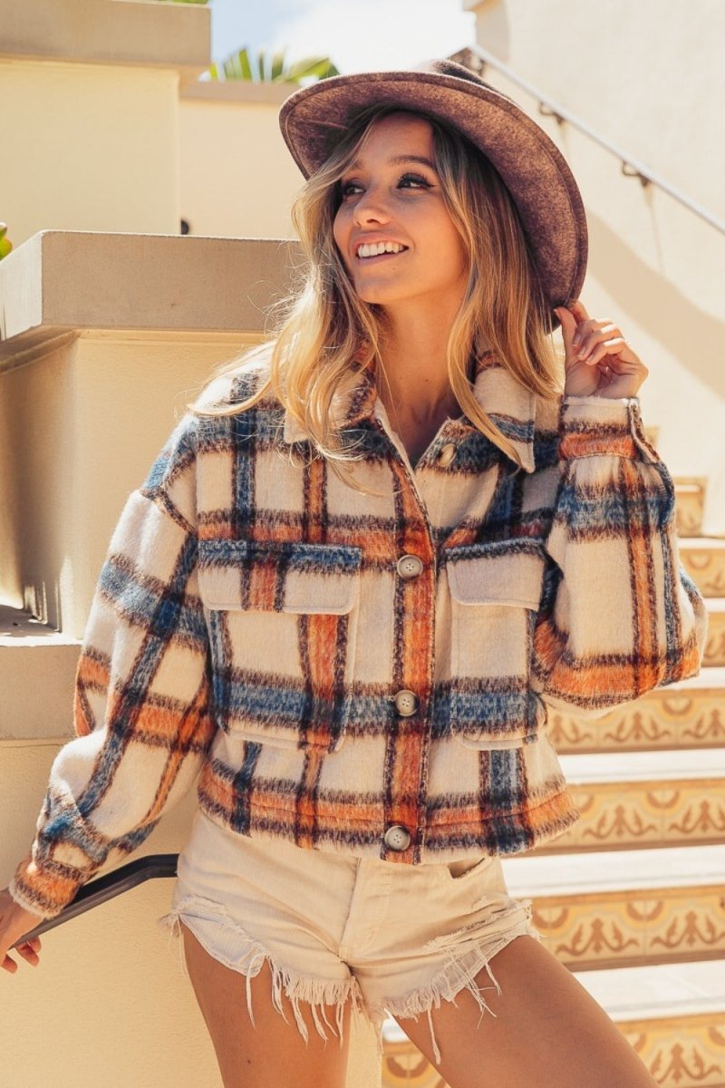 BiBi Brushed Plaid Crop Jacket with Pockets - S. M. & Co.