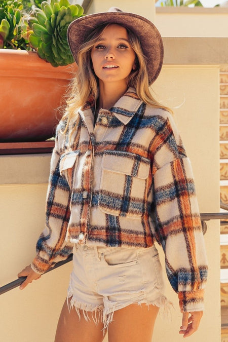 BiBi Brushed Plaid Crop Jacket with Pockets - S. M. & Co.