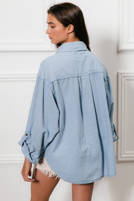 BiBi Button Down Stitch Detail Shirt with Chest Pockets - S. M. & Co.