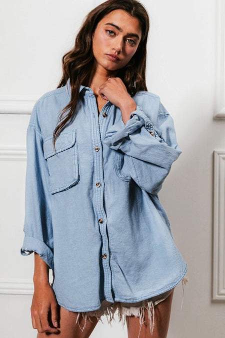 BiBi Button Down Stitch Detail Shirt with Chest Pockets - S. M. & Co.