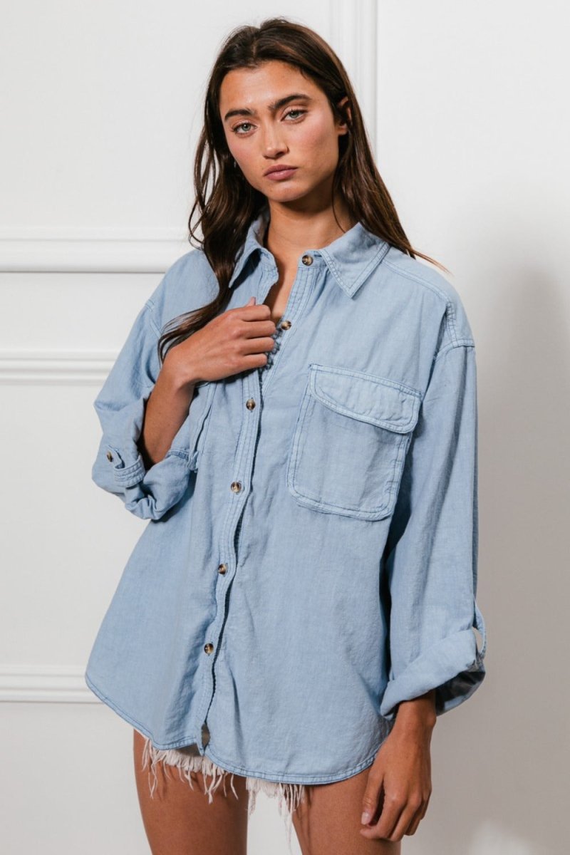 BiBi Button Down Stitch Detail Shirt with Chest Pockets - S. M. & Co.