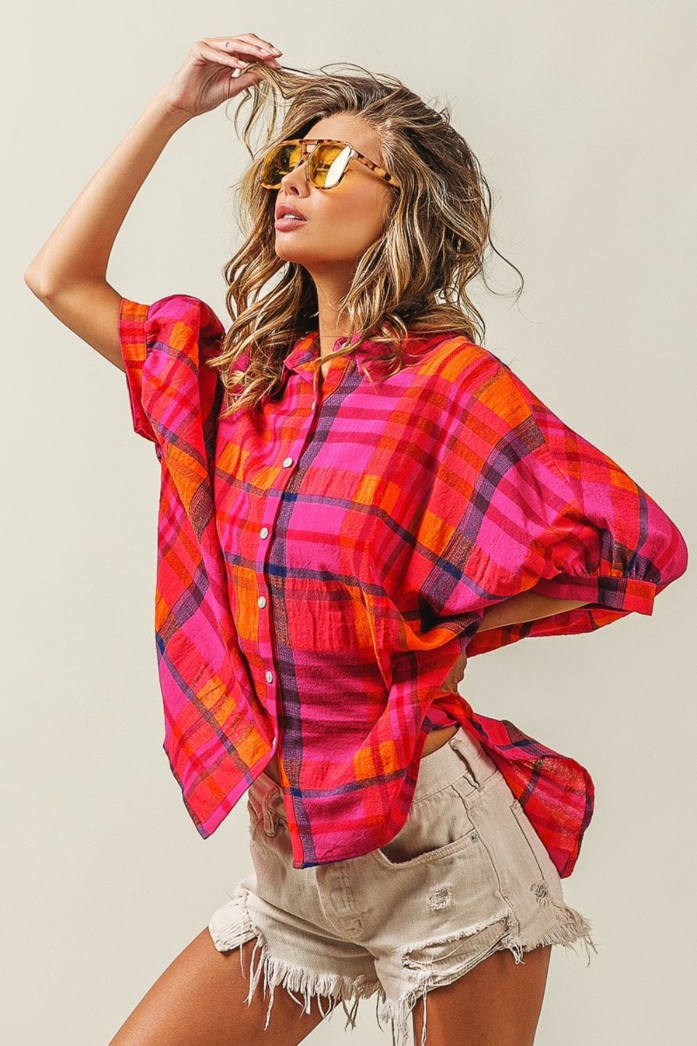 BiBi Button Up Dolman Sleeve Plaid Shirt - S. M. & Co. Button Up Shirt