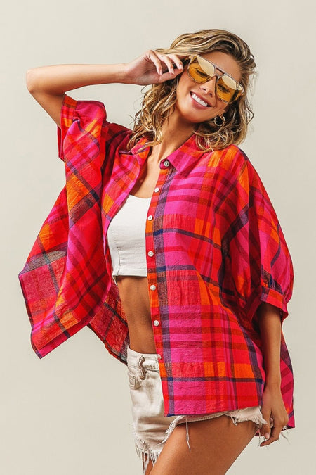 BiBi Button Up Dolman Sleeve Plaid Shirt - S. M. & Co. Button Up Shirt