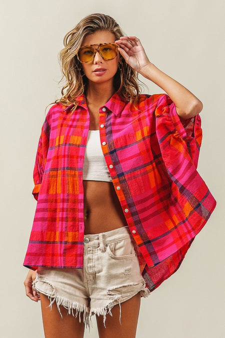 BiBi Button Up Dolman Sleeve Plaid Shirt - S. M. & Co. Button Up Shirt