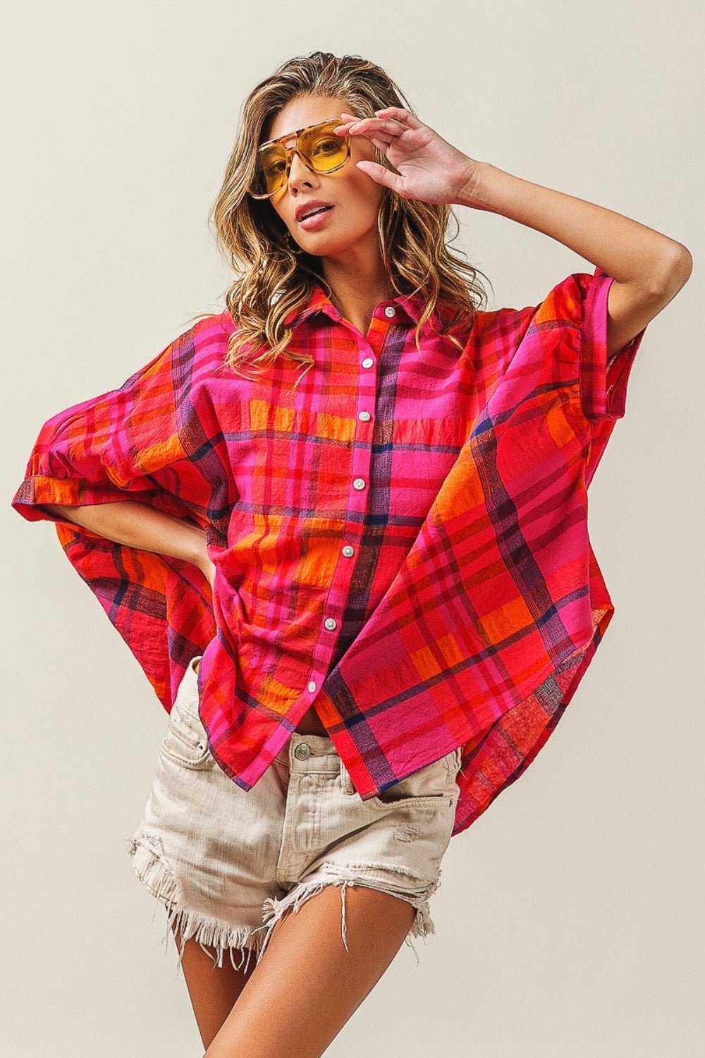 BiBi Button Up Dolman Sleeve Plaid Shirt - S. M. & Co. Button Up Shirt