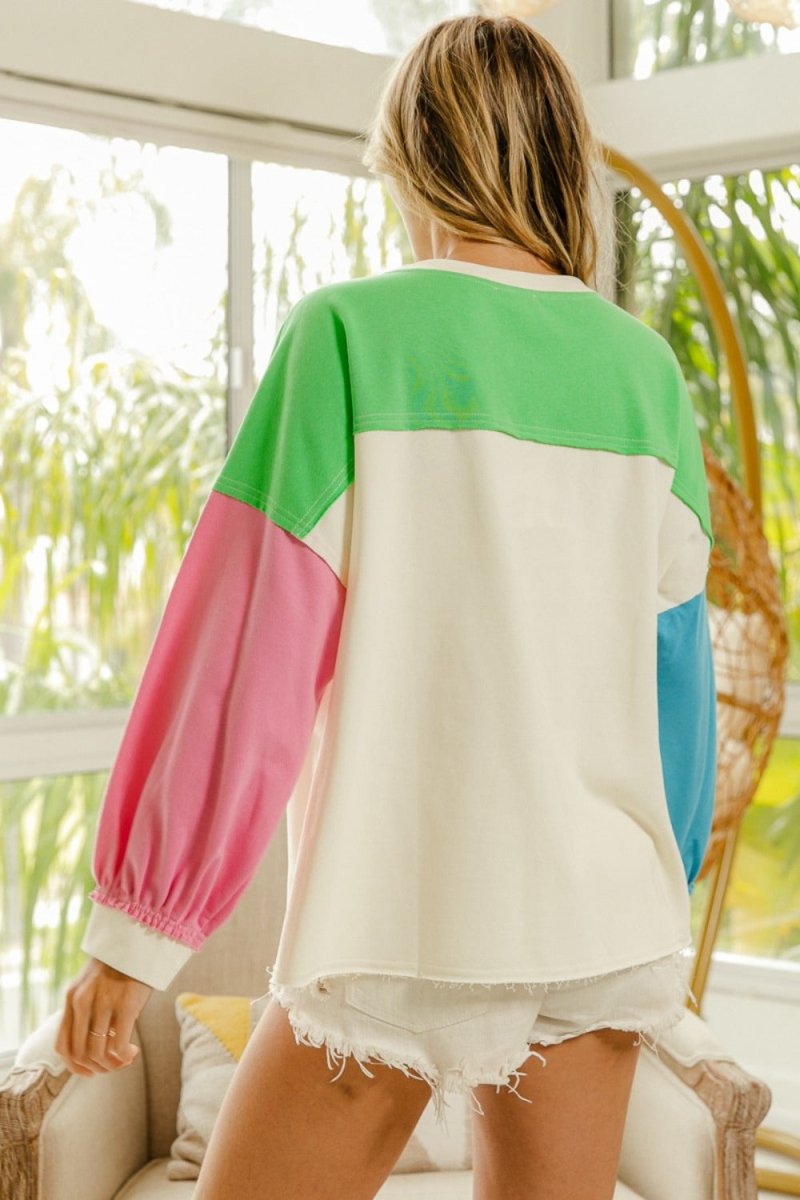 BiBi Color Block Patched Long Sleeve Top - S. M. & Co.