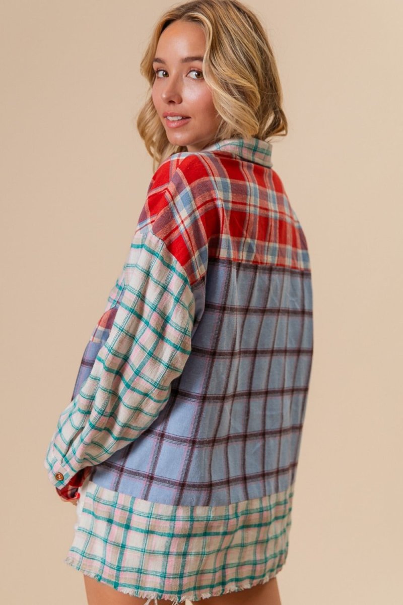 BiBi Color Block Plaid Button Down Shirt - S. M. & Co.