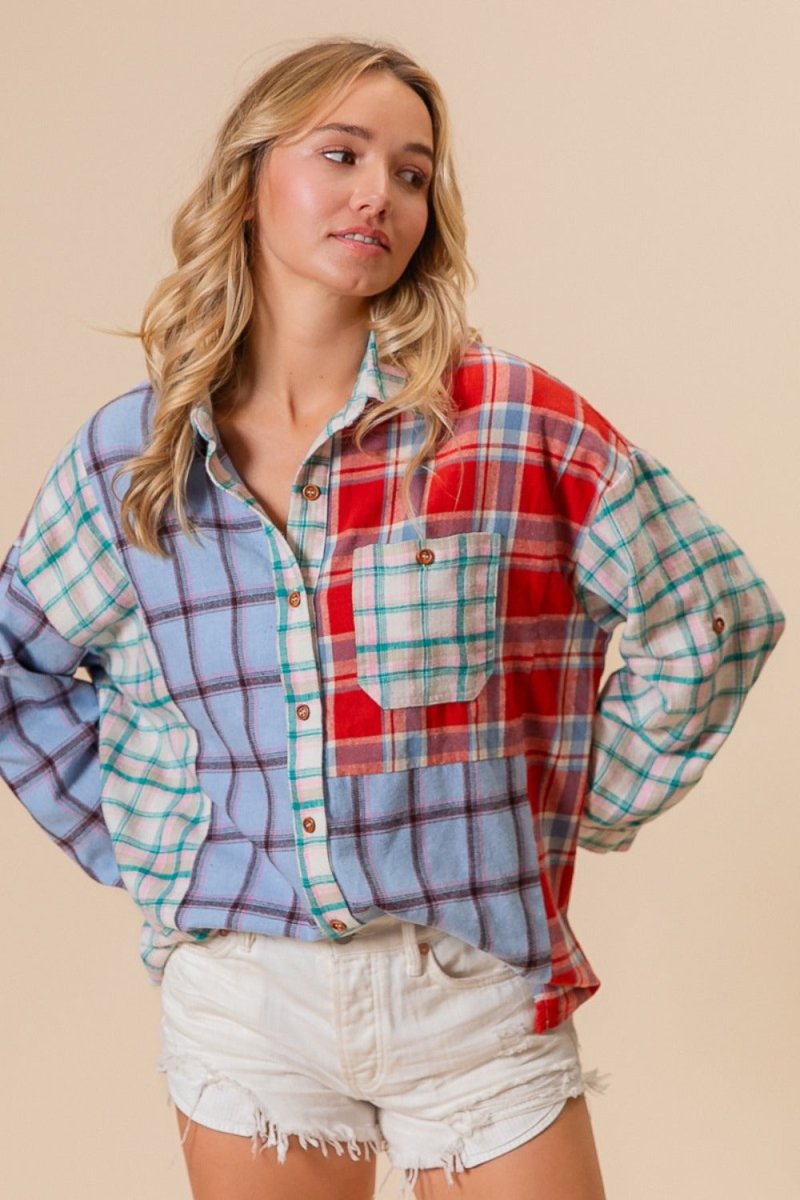 BiBi Color Block Plaid Button Down Shirt - S. M. & Co.