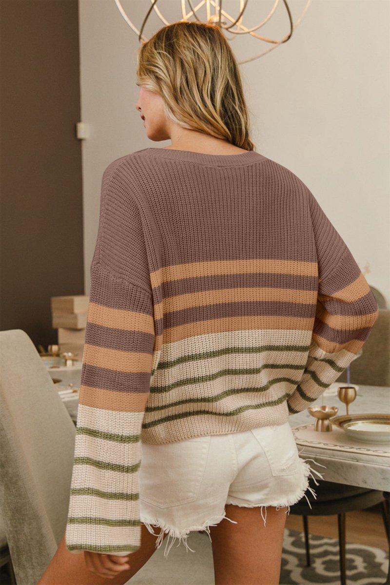 BiBi Color Block Striped Long Sleeve Sweater - S. M. & Co.