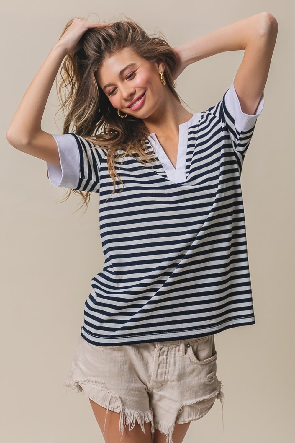 BiBi Contrast Striped Notched Knit Top - S. M. & Co.