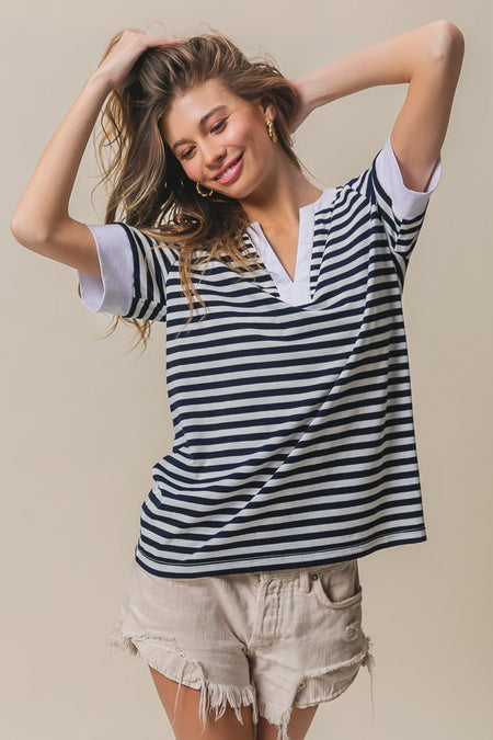 BiBi Contrast Striped Notched Knit Top - S. M. & Co.