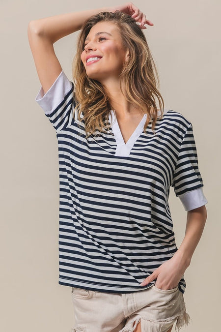 BiBi Contrast Striped Notched Knit Top - S. M. & Co.