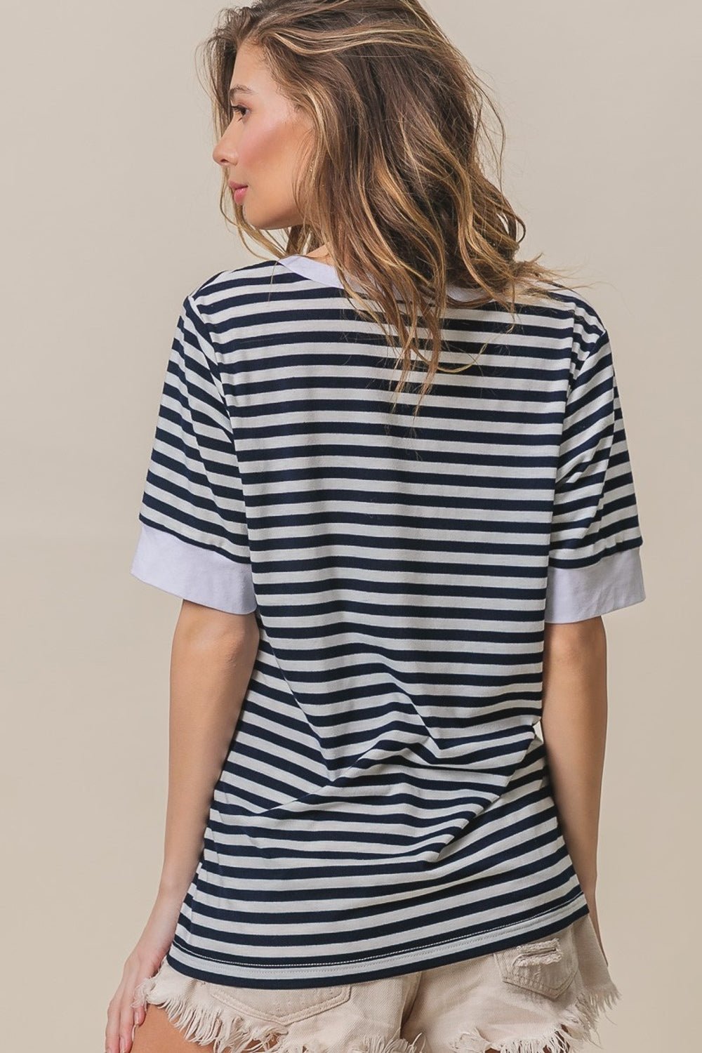 BiBi Contrast Striped Notched Knit Top - S. M. & Co.