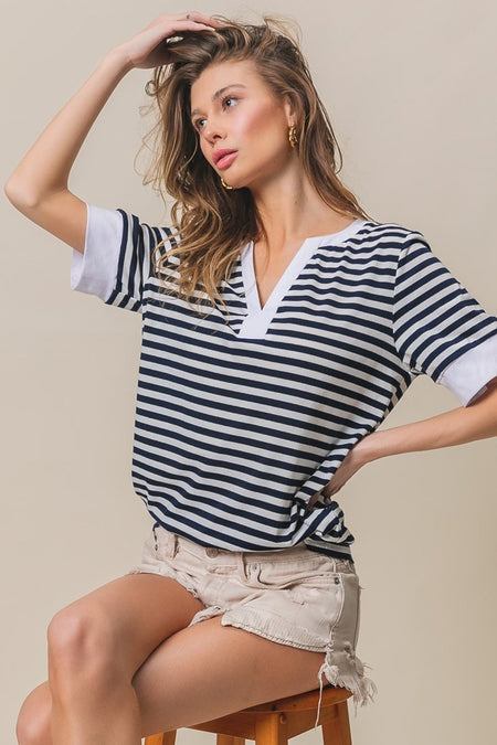 BiBi Contrast Striped Notched Knit Top - S. M. & Co.