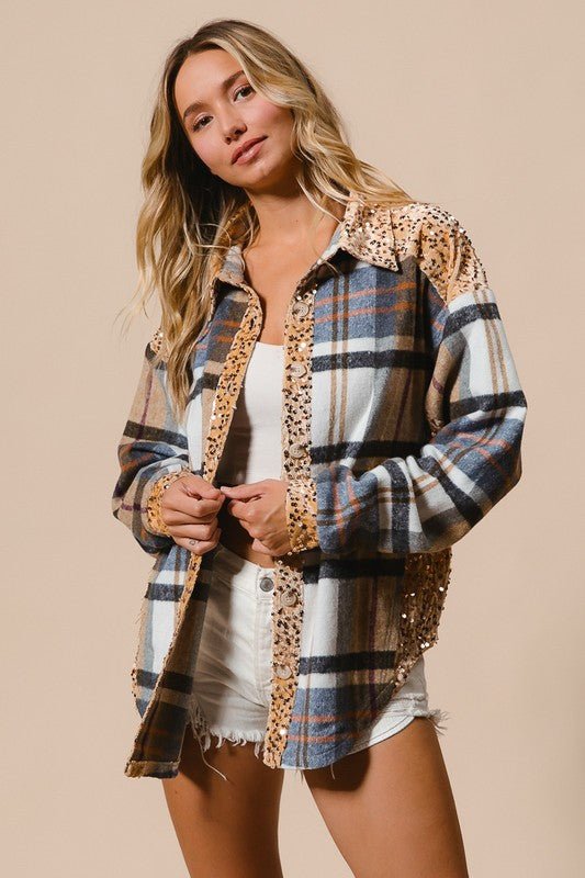 BiBi Curved Hem Sequin Plaid Button Up Shacket - S. M. & Co.