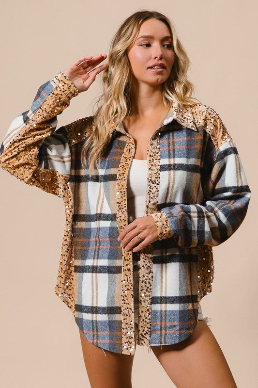 BiBi Curved Hem Sequin Plaid Button Up Shacket - S. M. & Co.